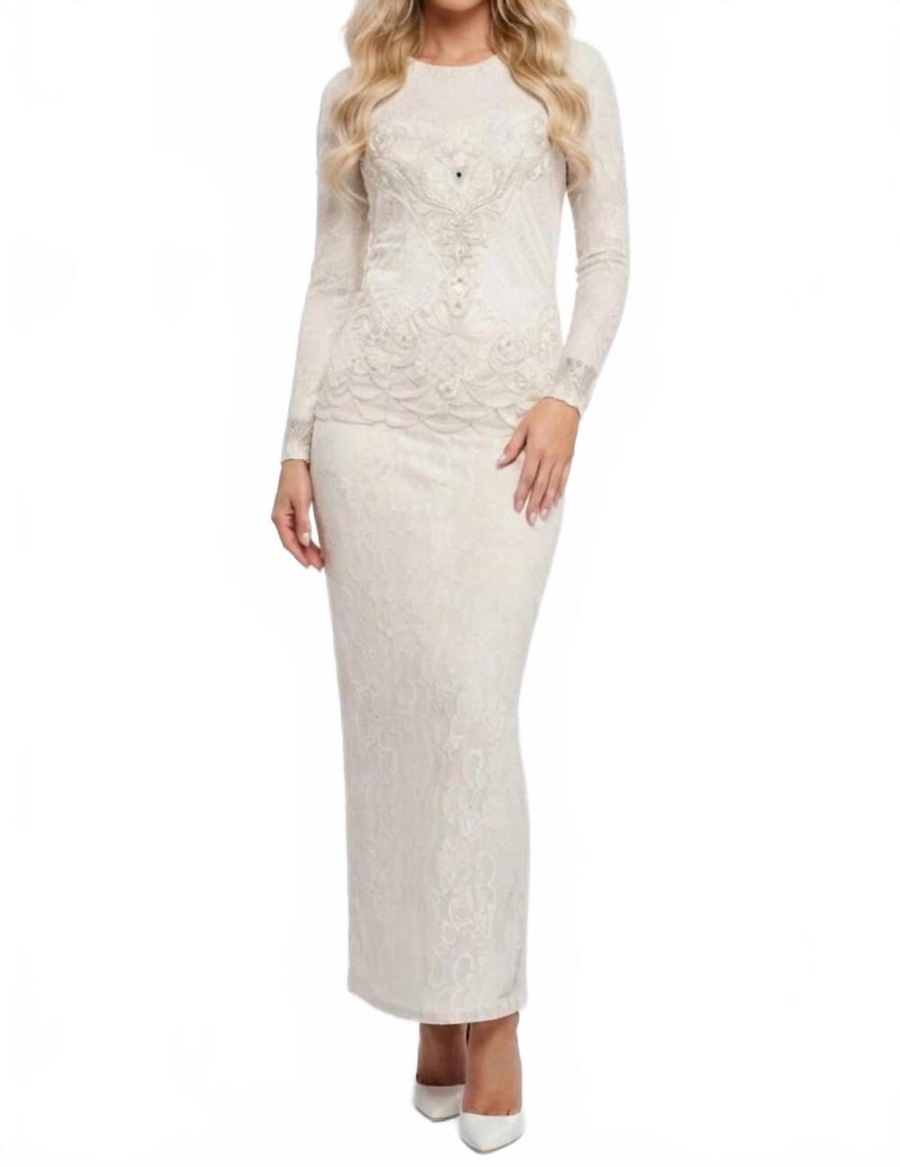 NEW SUE WONG long sleeve floral lace evening dress in white